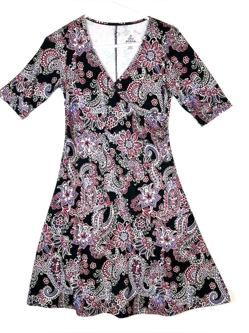 Prana "Nadia" Faux Wrap Floral Paisley V Neck Dress Athleisure Stretch